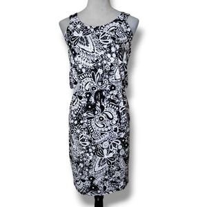 T by Talbots Blouson Knit Dress Petite Black/White Elastic Waist Travel Friendly